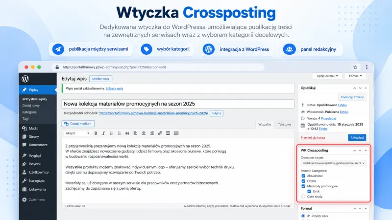 Edytor wpisu WordPress z panelem wtyczki Crossposting: wybór serwisu i kategorii docelowych