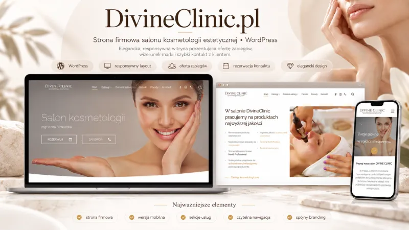 Strona salonu kosmetologii DivineClinic na laptopie, przeglądarce i telefonie