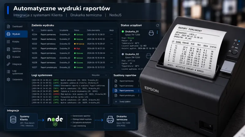 Panel zadań wydruku i statusów urządzeń obok drukarki termicznej z wydrukowanym raportem