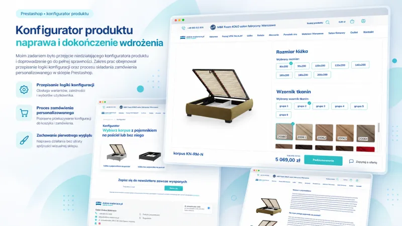 Konfigurator łóżka w sklepie PrestaShop z wyborem rozmiaru i wzornika tkanin