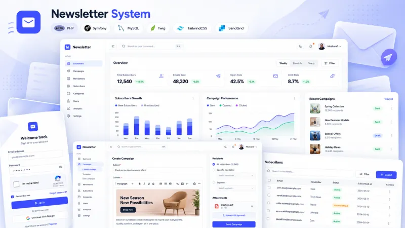 Panel systemu newsletterowego ze statystykami, kreatorem kampanii i listą subskrybentów