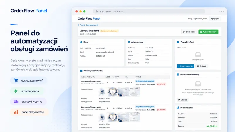 Panel OrderFlow: szczegóły zamówienia, dane klienta, przesyłki InPost i wystawione dokumenty