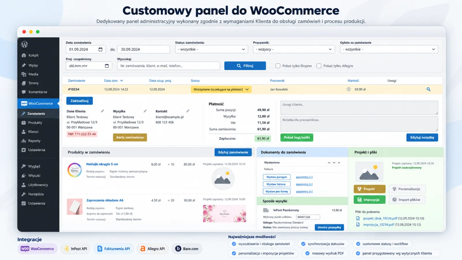 Panel WooCommerce z filtrami zamówień, danymi płatności, dokumentami i plikami projektu