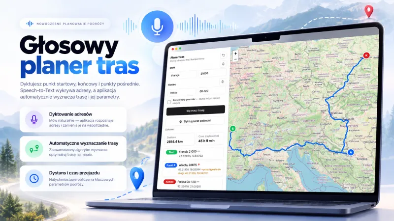 Aplikacja planera tras z polami adresów, dyktowaniem i trasą wyznaczoną na mapie Europy