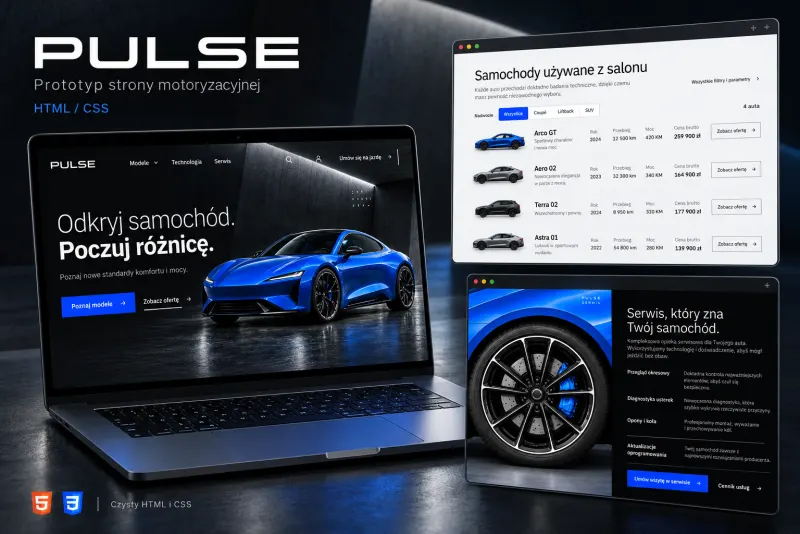 Prototyp strony motoryzacyjnej na laptopie i tablecie