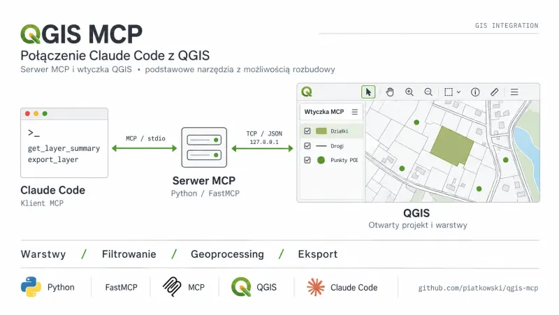 Schemat: Claude Code, serwer MCP i QGIS z otwartym projektem