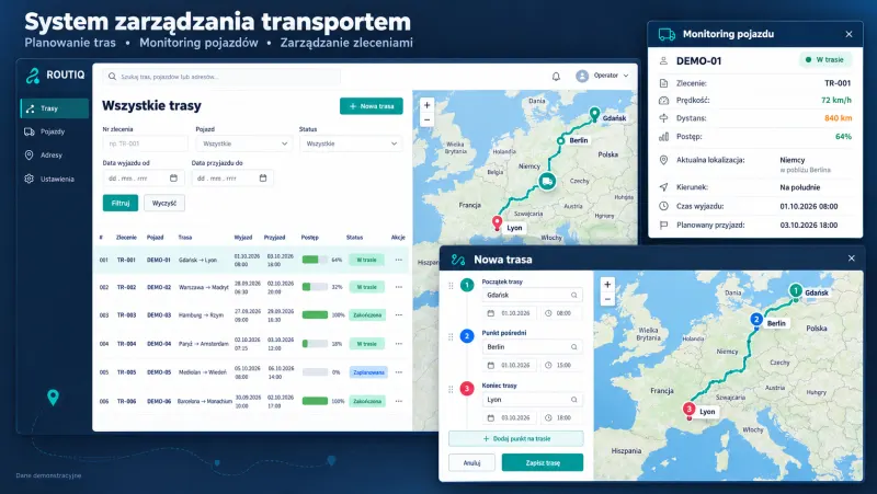 Aplikacja TMS z listą tras, mapą Europy i panelem monitoringu pojazdu