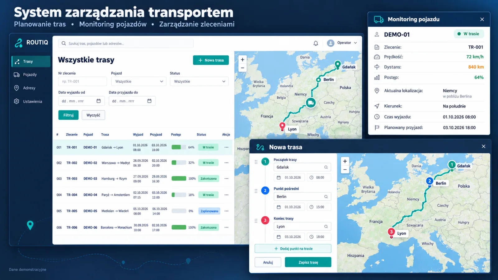 Aplikacja TMS z listą tras, mapą Europy i panelem monitoringu pojazdu