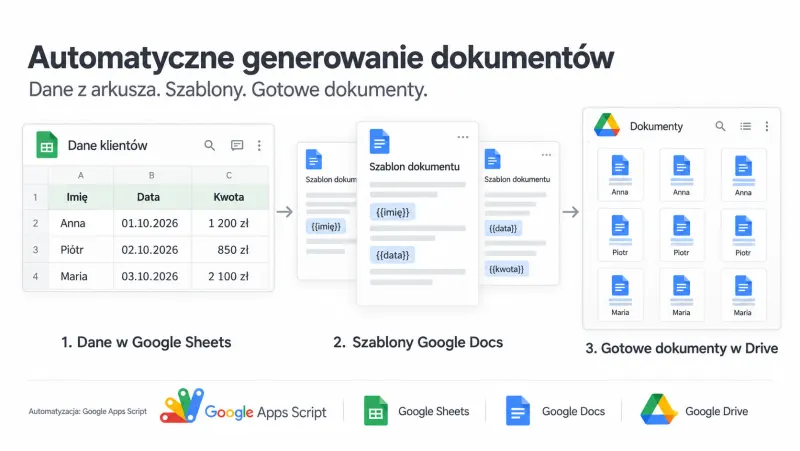 Schemat: dane klientów w Sheets, szablony Docs i gotowe dokumenty na Drive
